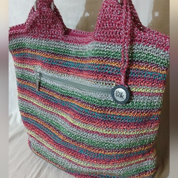 🌈The SaK Multi Color Crochet Boho Large Shoulder Handbag Red blue green Bag - Picture 9 of 15
